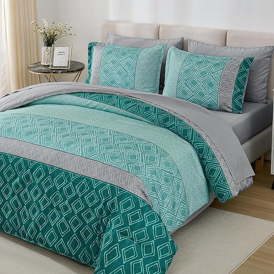 Dinjoy Teal Green King Size Comforter Set,Striped Boho Bed in a Bag King 7 Pieces Soft Bedding Comforters Sets with Sheet Beds Warm Microfiber Complete Set for All Season