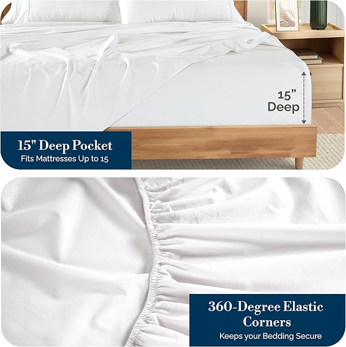 Casa Platino Queen Sheets Set –100% Cotton Queen Sheets with 4 Pillowcases, Lightweight Feel & Secure Fit, Crisp & Breathable Percale Weave with 15" Deep Pocket, Soft and Cozy – Pure White