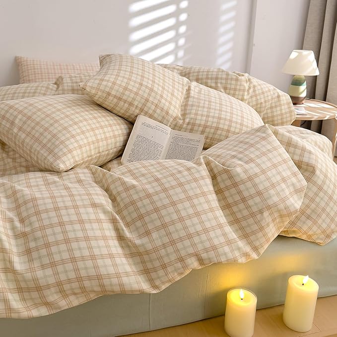 Vintage Beige Plaid Duvet Cover Full 100% Cotton Muslin Beige Green Plaid Checkered Grid Bedding Set Breathable Soft Linen Like Gauze Comforter Cover Farmhouse Gingham Duvet Cover with Zipper Closure