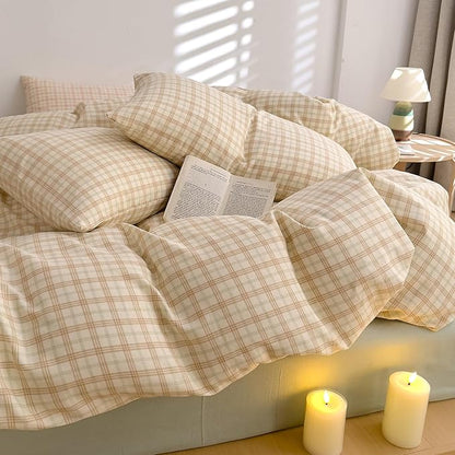 Vintage Beige Plaid Duvet Cover Full 100% Cotton Muslin Beige Green Plaid Checkered Grid Bedding Set Breathable Soft Linen Like Gauze Comforter Cover Farmhouse Gingham Duvet Cover with Zipper Closure