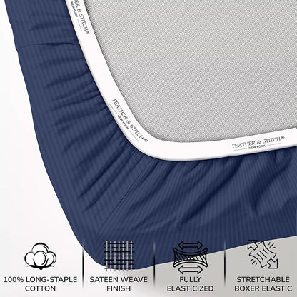 Feather & Stitch 500 TC Split King Size Bed Sheet Set, 100% Cotton Soft Breathable Bedsheets, 5 Piece 18" Deep Pockets Sateen Weave Striped Bedding Mattress Resort Hotel Luxury - (Dark Blue Stripe)