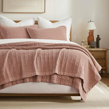EVERGRACEHOME Stonewashed Cotton Quilt Set King Size, Ultra Soft Oversized Bedspread Coverlet Set, Lightweight Crinkle Box Stitch Bedding Sets for All Season, with 2 Shams, Terracotta Clay