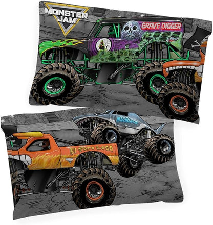 Jay Franco Monster Jam Grave Finish Line 1 Single Reversible Pillowcase Features Grave Digger, Megalodon, & El Toro Loco - Double-Sided Kids Super Soft Bedding
