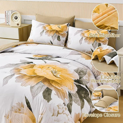 Dobuyly Yellow Comforter Set Queen Size 7 Piece Bed in a Bag, Yellow Floral Comforter Set with Sheets, Soft Microfiber Botanical Complete Bedding Set for All Season