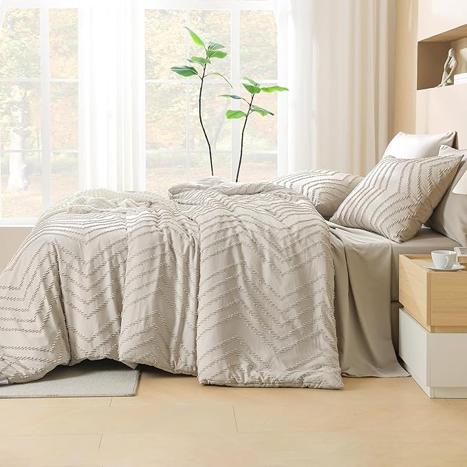 Litanika King Size Comforter Set with Sheets Beige - 7 Pieces Bed in a Bag King Chevron Tufted Boho Luxury Bedding Sets with Comforter, Sheets, Pillowcases & Shams