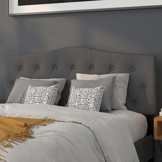 EMMA + OLIVER Arched Button Tufted Queen Size Headboard in Dark Gray Fabric