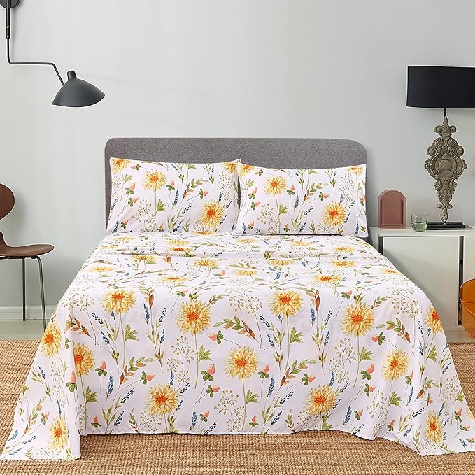 JSD Yellow Floral Printed Sheet Set Full Size, 4 Piece Soft Botanical Microfiber Bedding Sheets Extra Deep Pocket