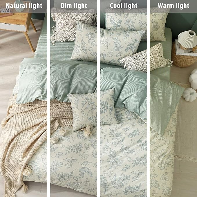 Botanical Cotton Comforter Queen Size - Dusty Green Comforter Printed with Luxurious Greyish-Green Ferns on Beige,Reversible Lightweight Bedding Sets 3Pcs(90"×90")