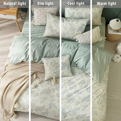 Botanical Cotton Comforter Queen Size - Dusty Green Comforter Printed with Luxurious Greyish-Green Ferns on Beige,Reversible Lightweight Bedding Sets 3Pcs(90"×90")