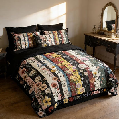 Black Vintage Floral Comforter Set Queen Size, Farmhouse Botanical Flowers Bedding Set for Adult Women Bedroom Decor, 3Pcs Lightweight Microfiber Comforter with 2 Pillowcases, 90"x90"