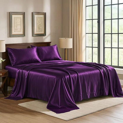 Satin Sheets California King [4-Piece, Purple] Luxury Silky Bed Sheets - Extra Soft 1800 Microfiber Sheet Set, Wrinkle, Fade, Stain Resistant - Deep Pocket Fitted Sheet, Flat Sheet, Pillow Cases