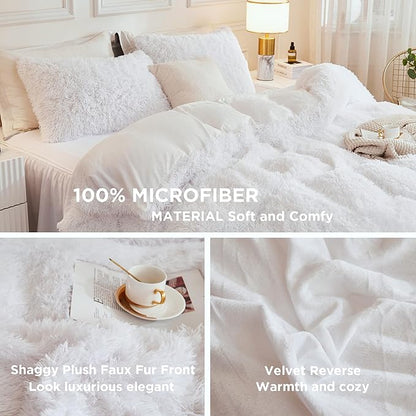 Andency Faux Fur White Comforter Queen Size, 3 Pieces Fluffy Fuzzy Plush Bedding Comforter Set (1 Shaggy Velvet Comforter & 2 Pillowcases), Soft Puffy Comfy Down Alternative Bedding Set