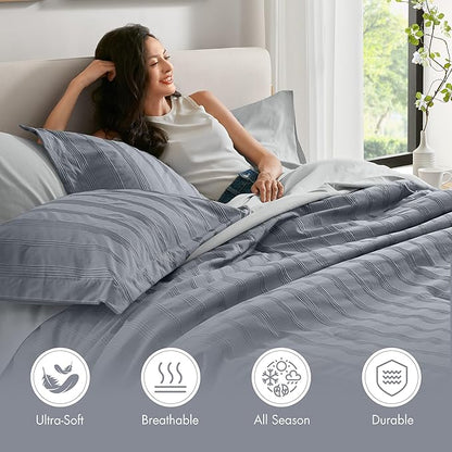 Madison Park Essentials Striped Comforter Set Cal King, 7 Pieces Modern Minimalist Jacquard Bedding Set for All Season, Bed in A Bag with Sheet Set and Soft Brushed Reverse, Lightweight Blue/Grey