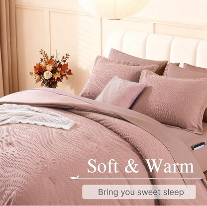 Geniospin King Size Comforter Set - 7 Pieces Dusty Pink Bedding Set, Botanical Textured Comforter Bed Set, All Season Lightweight Bed in a Bag with Comforter, Sheets, Pillowcases & Shams