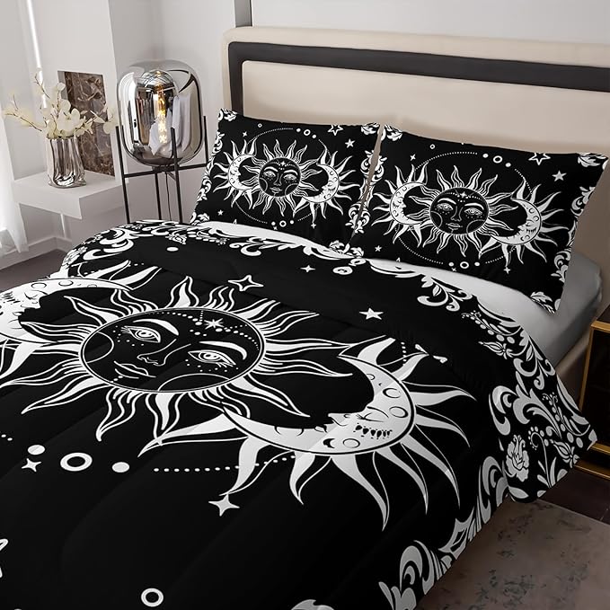 Boho Queen Comforter Set for Girls - Bohemian Gothic Western Hippie Bedding Decor - Black and White Sun and Moon Design