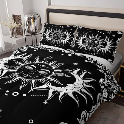 Boho Queen Comforter Set for Girls - Bohemian Gothic Western Hippie Bedding Decor - Black and White Sun and Moon Design