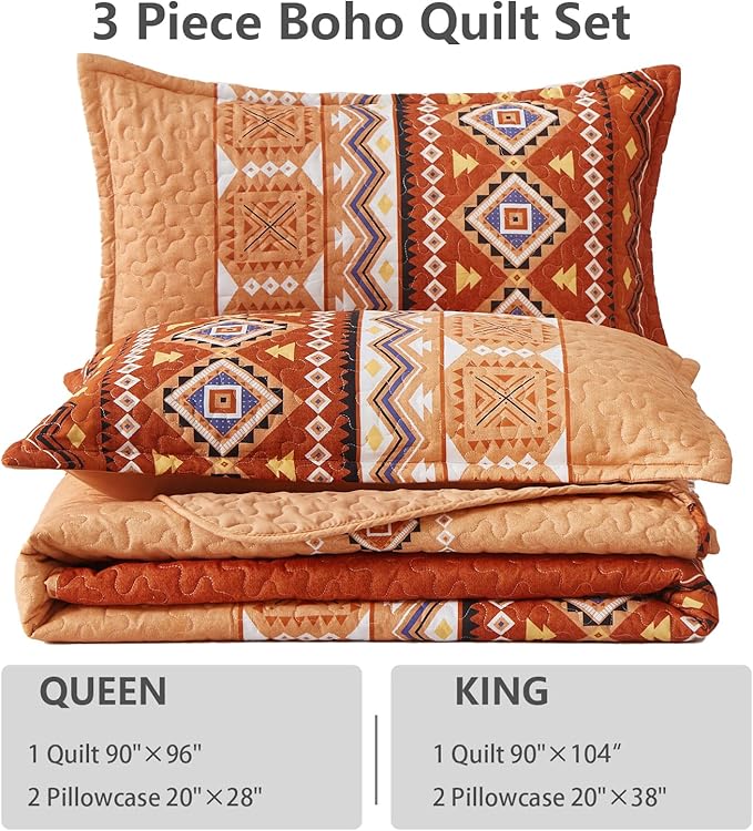 WONGS BEDDING 3 Pieces Quilt Set California King, Burnt Orange/Rust Thanksgiving Quilt Bedspread Bohemian Coverlet Set with 2 Pillowcase, Fall Soft Thanksgiving Bedding Set All Season 106"×96"