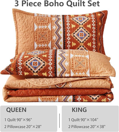 WONGS BEDDING 3 Pieces Quilt Set California King, Burnt Orange/Rust Thanksgiving Quilt Bedspread Bohemian Coverlet Set with 2 Pillowcase, Fall Soft Thanksgiving Bedding Set All Season 106"×96"