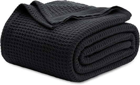 Bedsure Gentlesoft 100% Cotton Blanket Queen Size for Bed - Cooling Breathable and Soft for Spring Summer, Thick Cozy Waffle Weave Blanket Gifts for Women, Black, 90x90 Inches