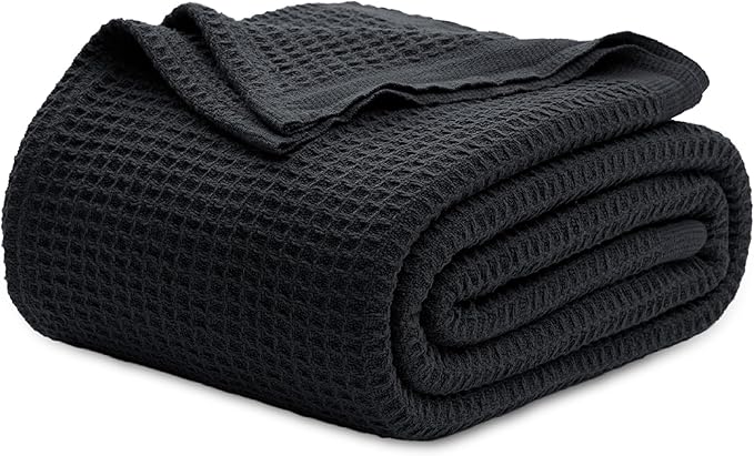 Bedsure Gentlesoft 100% Cotton Blanket King Size for Bed - Cooling Breathable and Soft for Spring Summer, Thick Cozy Waffle Weave Blanket Gifts for Women, Black, 104x90 inches