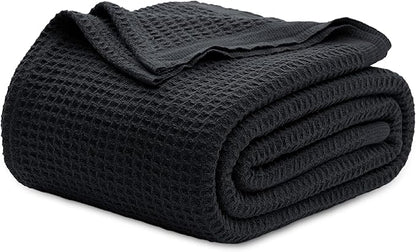 Bedsure Gentlesoft 100% Cotton Blanket King Size for Bed - Cooling Breathable and Soft for Spring Summer, Thick Cozy Waffle Weave Blanket Gifts for Women, Black, 104x90 inches