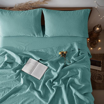 LBRO2M 100% Pure Linen Sheet Set Deep Pocket Up to 16" Bed Sheets Sets, Natural Flax Beddings Soft, Breathable, Comfortable for All Seasons Twin Size, Aqua