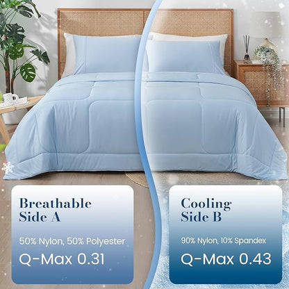 Amélie Home Cooling Comforter Queen Size, Dual-Sided Lightweight Cooling Blanket for Hot Sleepers, Q-Max 0.43 Breathable Cooling Quilt for Night Sweats, 90" x 90", Heather Ice Blue