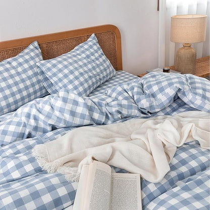 BESTOUCH Duvet Cover Set 100% Washed Cotton Linen Feel Super Soft Comfortable Chic Lightweight 3 PCs Home Bedding Set Cornflower Blue & White Grid King