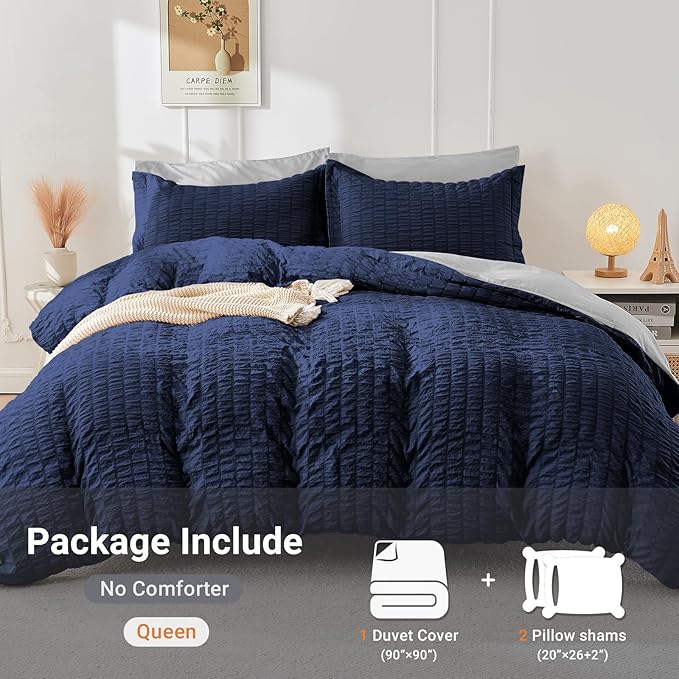 HYMOKEGE Navy Blue/Light Grey Duvet Cover Full Size, Ultra Soft 3-Piece Seersucker Duvet Cover Set with Zipper Closure, Soft Brushed Microfiber Bedding Set with 8 Corner Ties (80"x90", 2 Pillowshams)