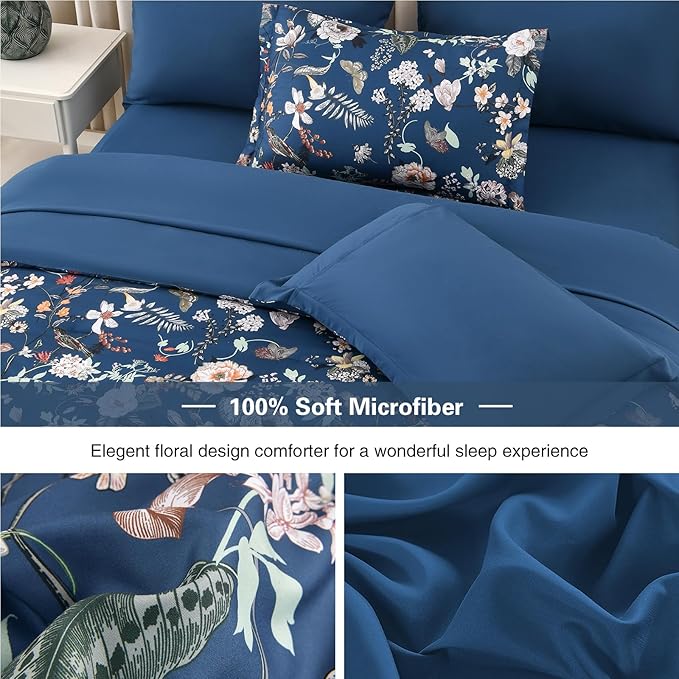 7 Piece Queen Comforter Set, Peacock Blue Butterfly Floral Comforter Set with Flowers Leaves Pattern, Soft Microfiber Complete Bedding Set for All Season(Peacock Blue, Queen)