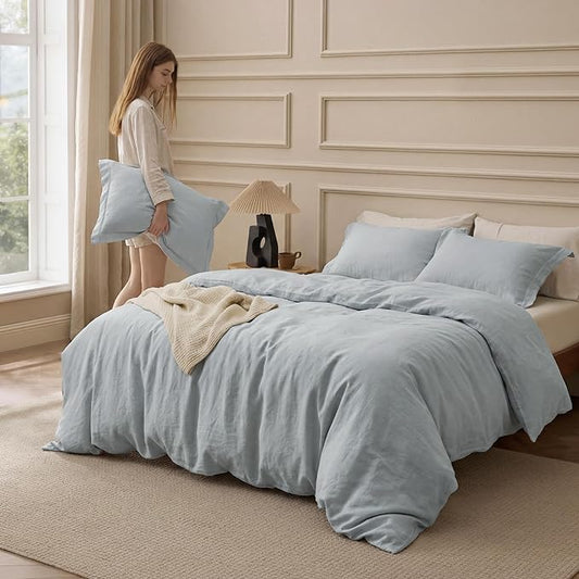 Bedsure 100% Washed Cotton Duvet Cover King Size - Pastel Blue Minimalist Bedding Set Linen Like - PureWoven Plain Simple & Soft Comforter Cover for All Seasons (Pastel Blue, King, 104"x90")