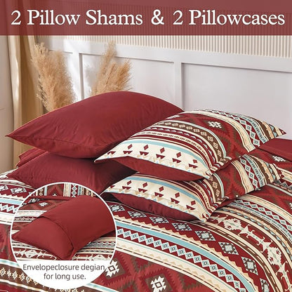 Dinjoy Boho King Size Bed in a Bag 7 Pieces,Red Comforter Set Aztec Striped Fall Bedding Set Bohemian Complete Set with Sheet Fluffy Geometric Burgundy Comforters for Women Men 90"×104"