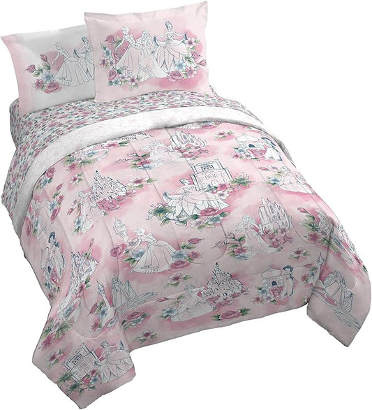 Jay Franco Kids Comforter Set Includes Sheets and Pillow Covers - Soft and Cozy Bed Set for Stylish Room Decor, Pink - Disney Princess, 7 Piece King Bedding