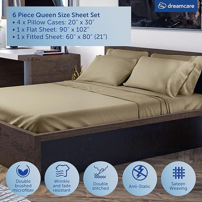 DREAMCARE Queen Sheet Set – 6 pcs Cooling Bed Sheets – up to 21” Deep Pocket Queen Sheets Set – 2500 Supreme Collection – Extra Soft 100% Brushed Microfiber Hotel Luxury with Side Pocket, Eucalyptus