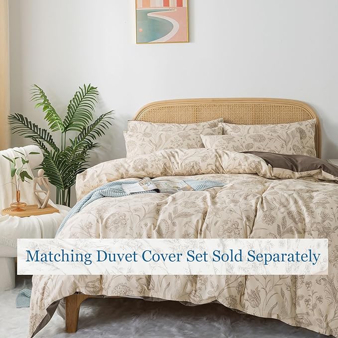 Zusbest 100% Cotton Khaki Floral Pillowcases Standard Size Set of 2, 19''×29'', Queen Size Beige Vintage Toile Floral Printed Reversible Pillow Covers Soft Envelope Queen Pillowcase Protectors