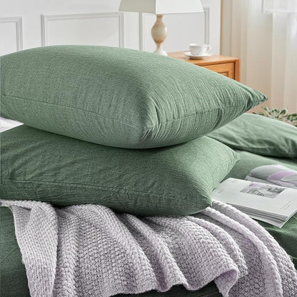 NEXHOME PRO Duvet Cover Full 100% Washed Cotton, Organic Natural Linen Like Textured, Breathable, Durable, Home Bedding Set, Heathered Green 8090