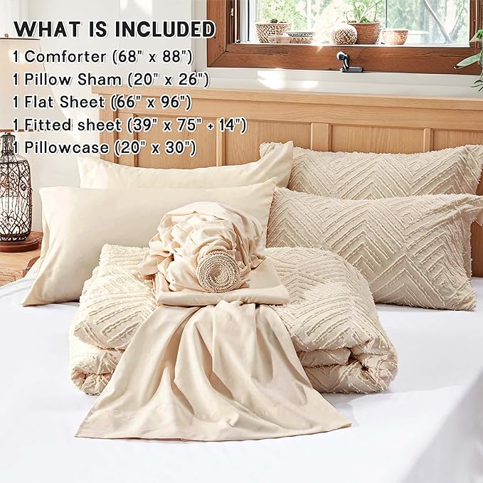 Zzlpp Twin Comforter Set 5 Pieces, Beige Tufted Bed in a Bag with Comforter, Pillow Sham, Pillowcase, Flat Sheet, Fitted Sheet - All Season Boho Bedding Sets