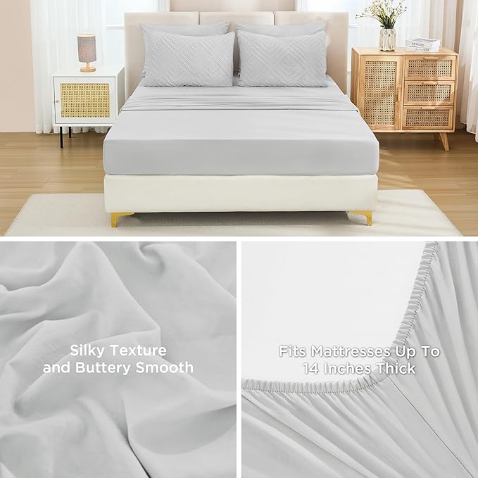 Andency Light Grey Comforter King Size Set with Sheets - 7 Pieces Boho Bed in a Bag Tufted Bedding Sets Lightweight All Season Bed Set with Comforter, Sheets, Pillowcases & Shams