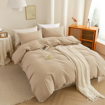 ECOCOTT 100% Washed Cotton Duvet Cover Super King Size – Soft & Breathable Linen Feel Bedding Set, 3 Pieces Khaki Comforter Cover with Zipper Closure for All Seasons