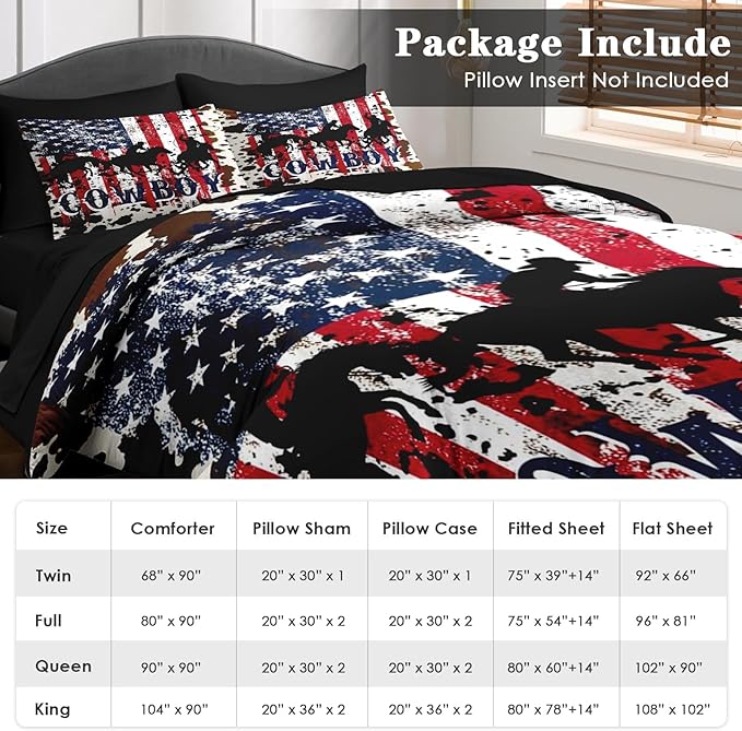 Comforter Set King Size, Cowboy Horse Flag 7 Pcs Bedding for Kids and Adults, Western Country Farm Bed Sheet Sets with Fitted Sheet 2 Pillowcases & 2 Shams for Bedroom Bed Decor