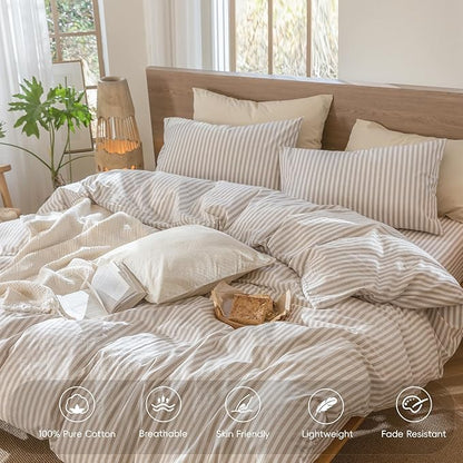 MooMee Striped Duvet Cover Set 100% Washed Cotton Linen Like Textured Breathable Durable Soft Comfy (Tannish Linen Grey White Classic Stripes, Palatial King/Oversized King 120"x98")