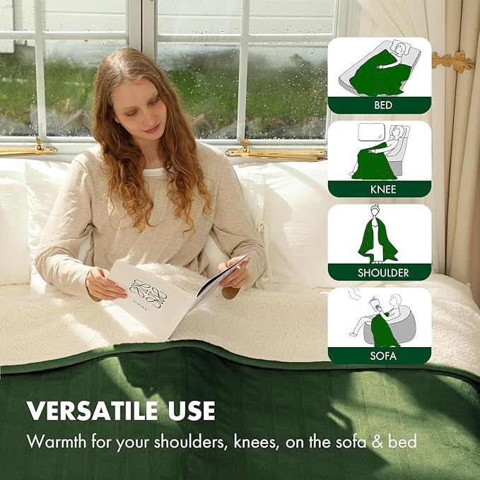 Electric Heated Blanket Twin 62" x 84" - Soft Flannel Sherpa Electric Blanket with 5 Heating Levels & 10 Hours Auto Off, Heating Blanket Twin as a Gift for Grandma and ETL Certified (Green)