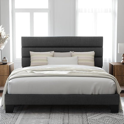 Allewie King Size Platform Bed Frame with Fabric Upholstered Headboard Gray | Wooden Slats Support, Fully Upholstered Mattress Foundation, No Box Spring Needed, Easy Assembly, Noise-Free, Dark Grey