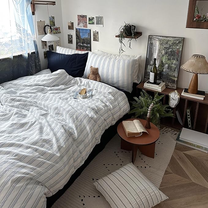 mixinni Vintage Light Blue & White Striped Comforter Set Twin XL Size - Soft Washed Cotton 3-Piece Bedding Set (1 Comforter + 2 Pillowcases), Retro Geometric Pattern, All-Season Breathable & Fluffy