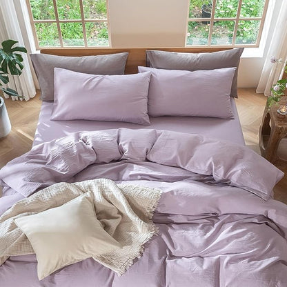 MooMee Bedding Pillowcases Pack of 2 100% Washed Cotton Linen Like Textured Breathable Durable Soft Comfy (Heathered Light Purple, King)