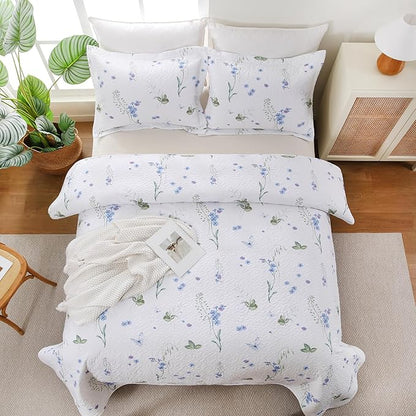 Queen Size Quilt Bedding Set, Lightweight White Floral Bed Quilts Reversible Elegant Bedspread Comforter Coverlets Sets with 2 Pillow Shams (90"×90")