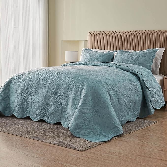 Kingnex Extra Wide Oversized King Bedspreads 128x120 for Tall King or Cal King Bed Ultrasonic Quilted Coverlet Set 3 Piece Include 1 Quilt 2 Pillowcases Blue
