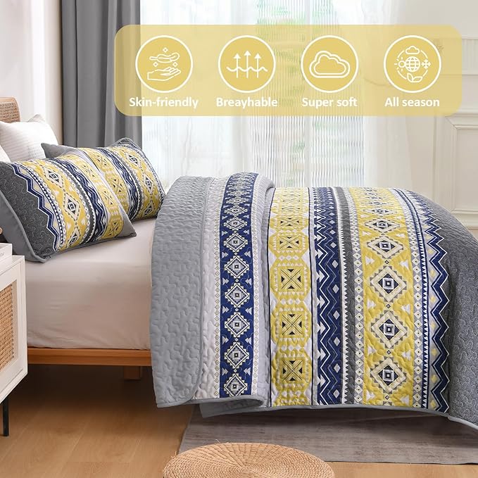 WONGS BEDDING 3 Pieces Quilt Set Queen Size, Grey Yellow Quilt Bedspread Lightweight Bohemian Coverlet Set with 2 Pillowcase, Soft Geometry Printed Bedding Set Queen for All Season 96"×90"