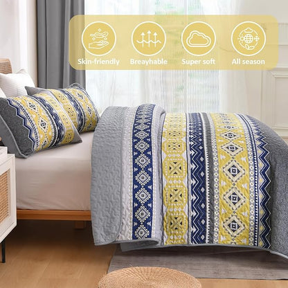 WONGS BEDDING 3 Pieces Quilt Set Queen Size, Grey Yellow Quilt Bedspread Lightweight Bohemian Coverlet Set with 2 Pillowcase, Soft Geometry Printed Bedding Set Queen for All Season 96"×90"