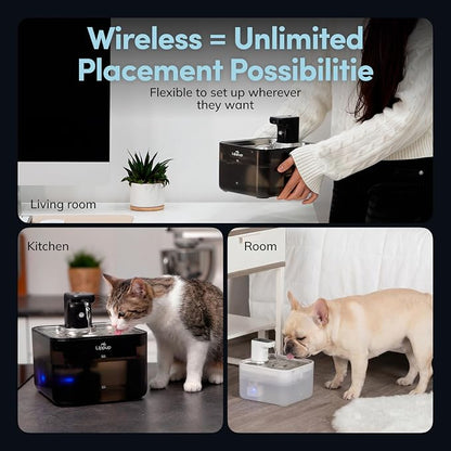 Cat Water Fountain Cordless, 88oz/2.6L Wireless Pet Water Fountains for Cats Indoor, Battery Operated Cat Drinking Fountain with Motion Sensor, Ultra Quiet Pump, BPA-Free, Black + 6 Filters